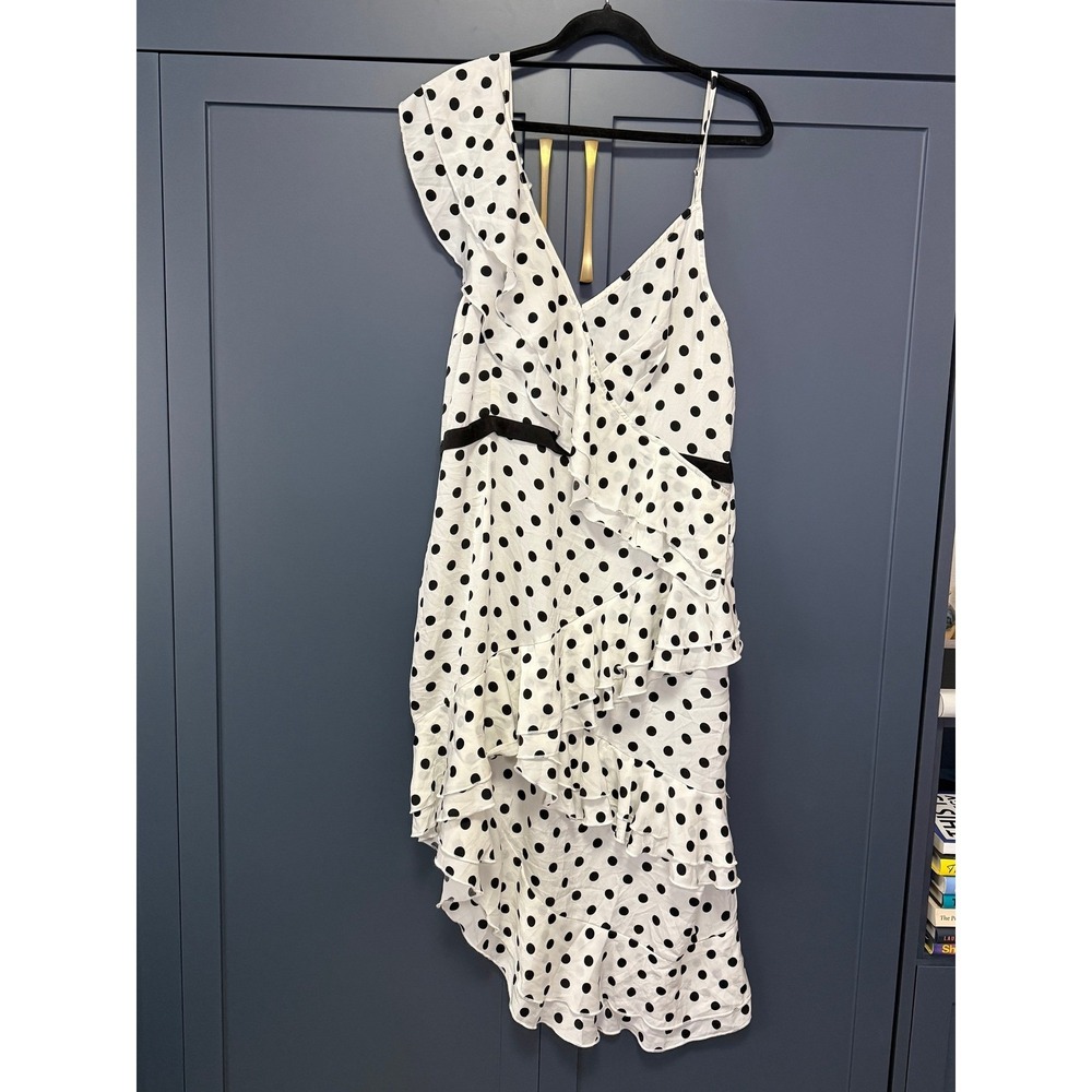 PrettyLittleThing White Black Polka Dot Ruffle Asymmetrical Midi Dress US 16